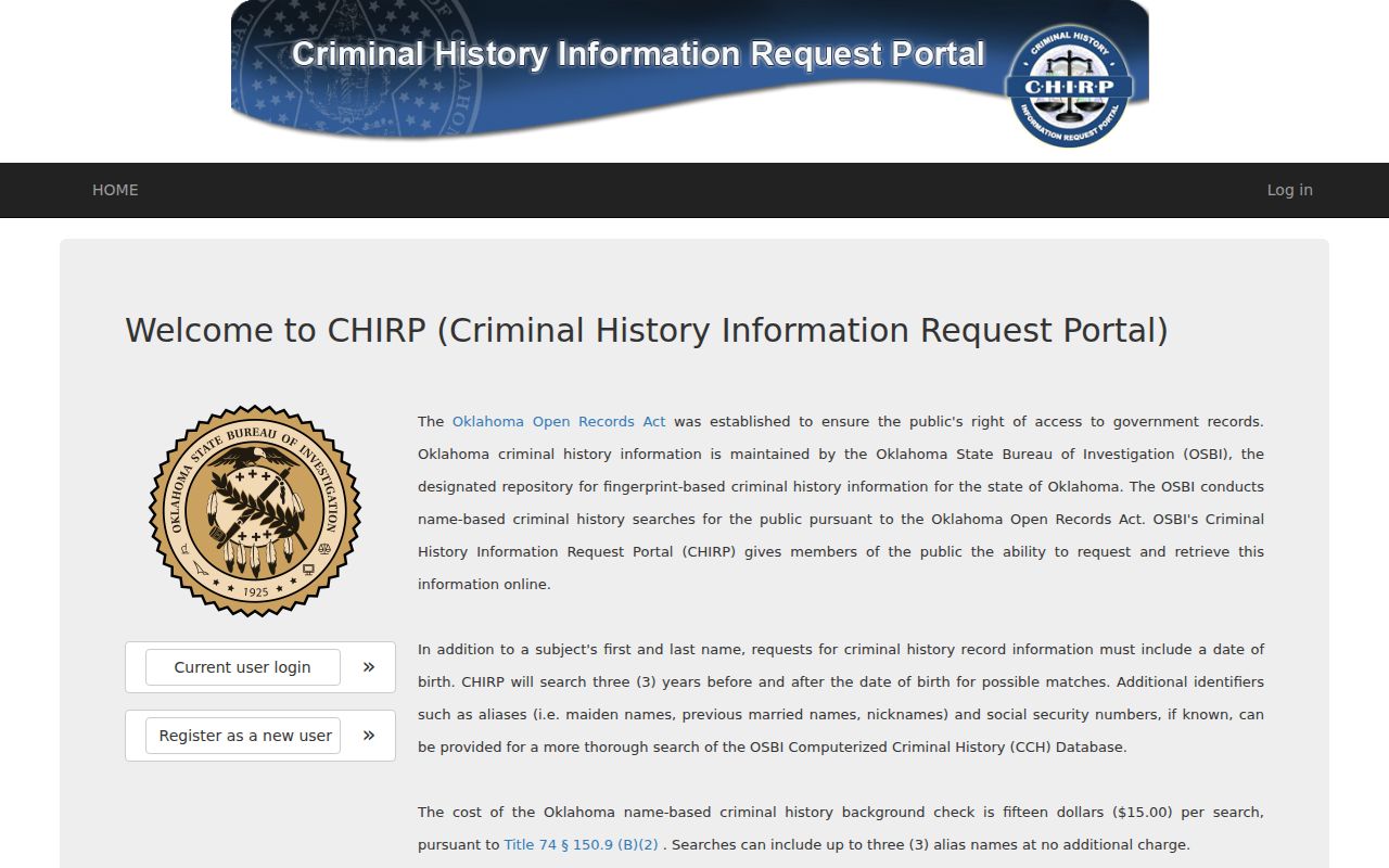 Midwest City resident lookup OSBI CHIRP criminal history service